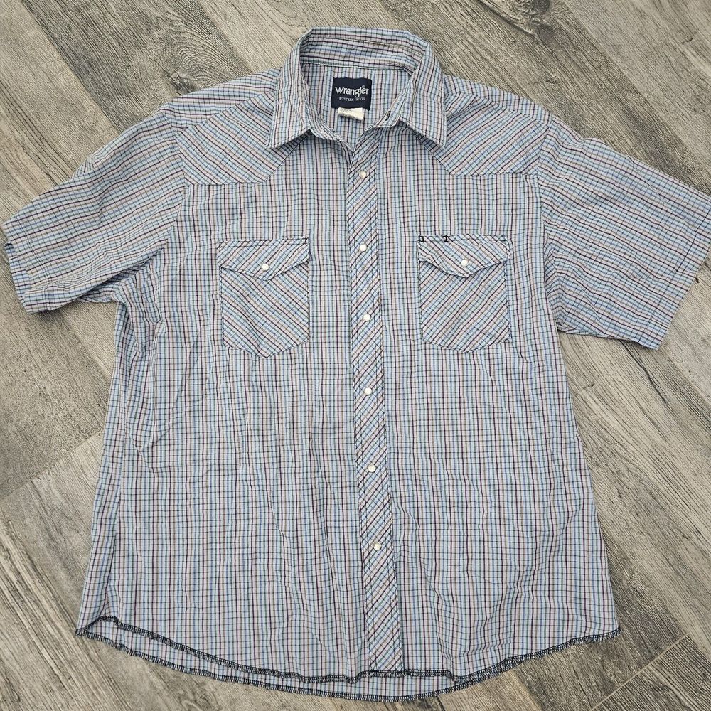 Wrangler Shirt Mens XL Blue Pearl Snap Western Short Sleeve Cowboy Color Striped